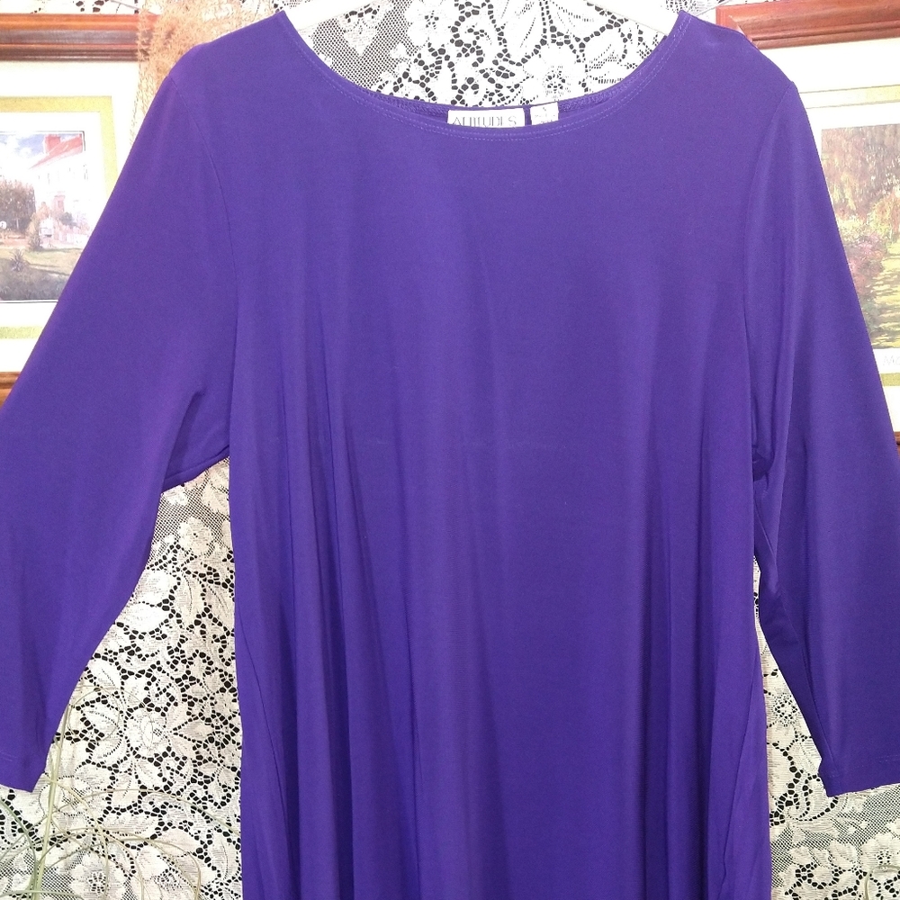 Attitudes purple tunic blouse top loose drape asymmetric bottom hem pleated
